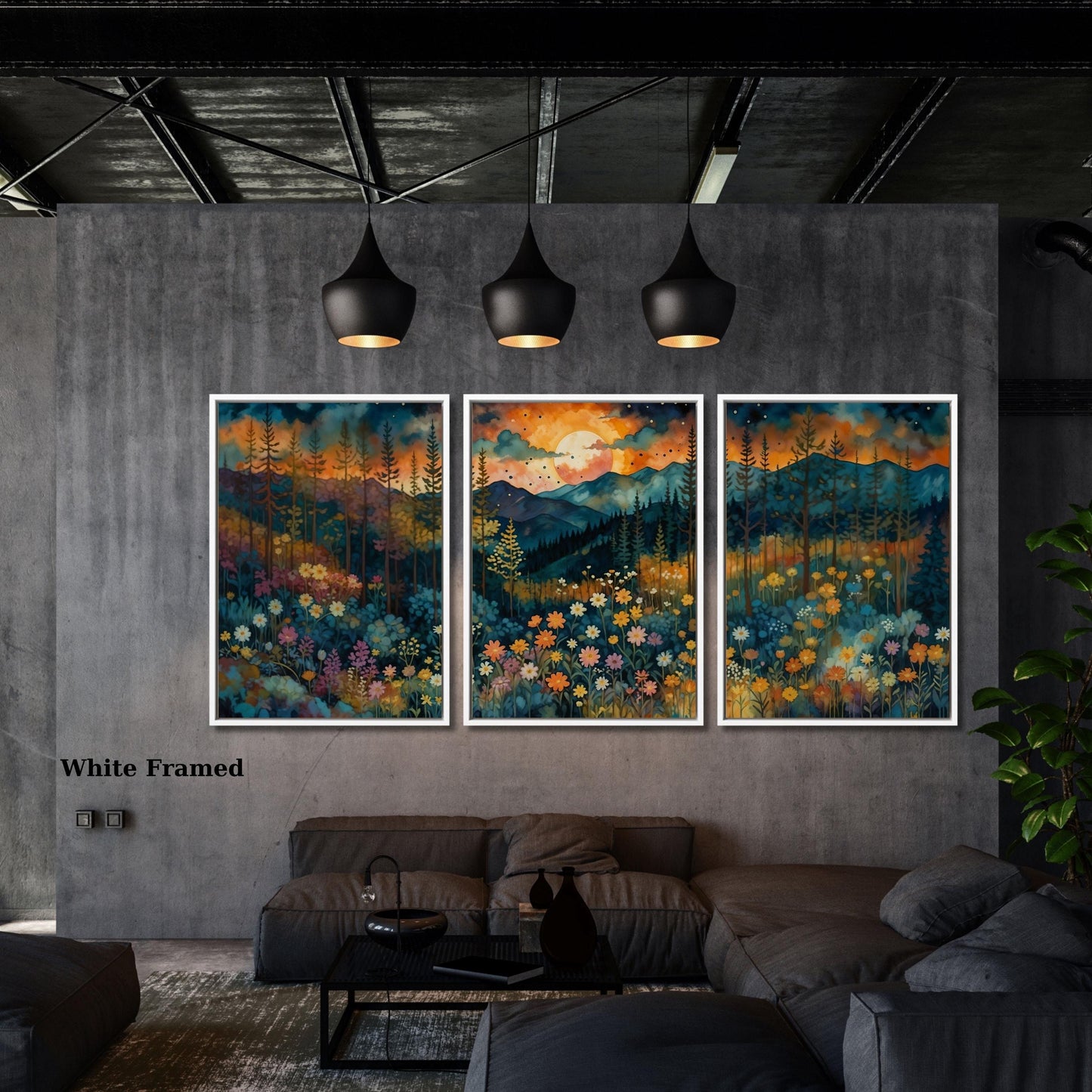 Set of 3 Sunrise Canvas Wall Art Above Bed Decor Full Moon Wildflower, Flower Garden Flower Market canvas,Moonlit Pine Tree Forest Rustic