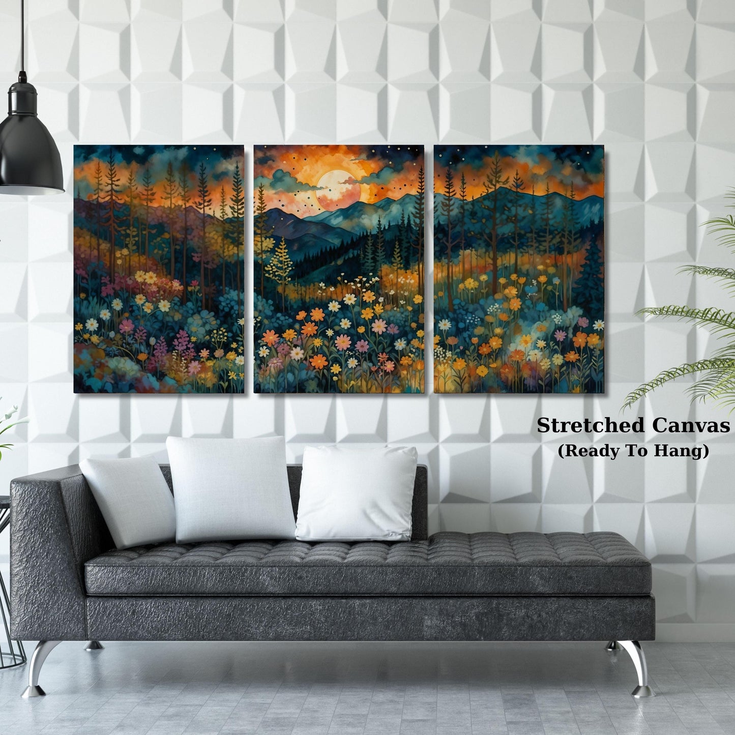 Set of 3 Sunrise Canvas Wall Art Above Bed Decor Full Moon Wildflower, Flower Garden Flower Market canvas,Moonlit Pine Tree Forest Rustic